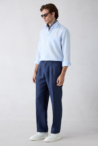 Koyu Lacivert Straight Wide Leg Yan Cepli %100 Keten Pantolon