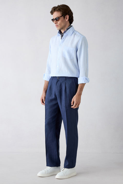 Dark Navy Straight Wide Leg Linen Sport Pants