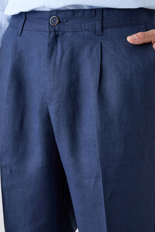  Koyu Lacivert Straight Wide Leg Yan Cepli %100 Keten Pantolon
