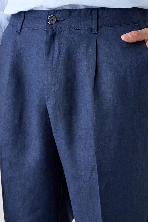 Dark Navy Straight Wide Leg Linen Sport Pants