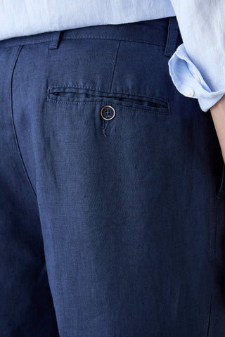  Koyu Lacivert Straight Wide Leg Yan Cepli %100 Keten Pantolon