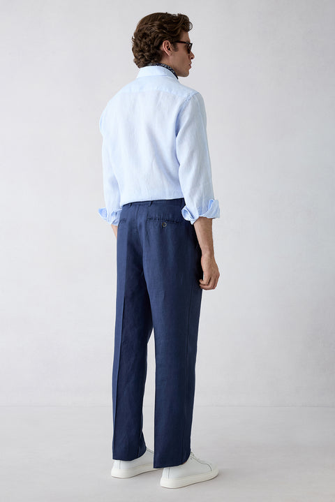 Dark Navy Straight Wide Leg Linen Sport Pants