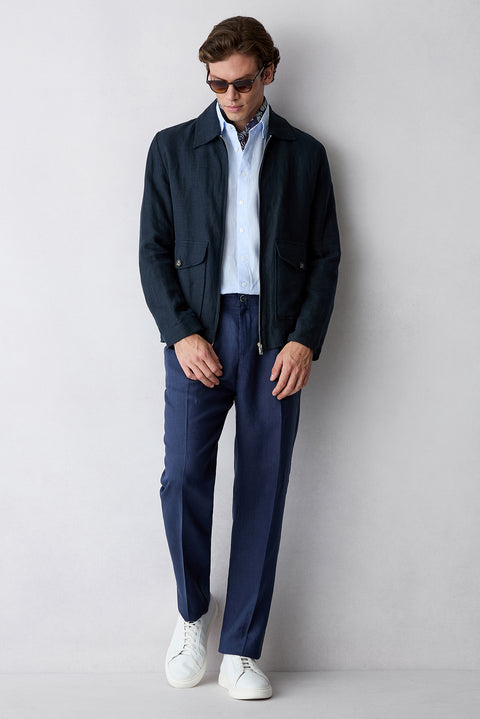 Dark Navy Straight Wide Leg Linen Sport Pants