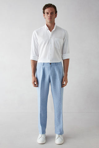  Açık Mavi Straight Wide Leg Yan Cepli %100 Keten Pantolon