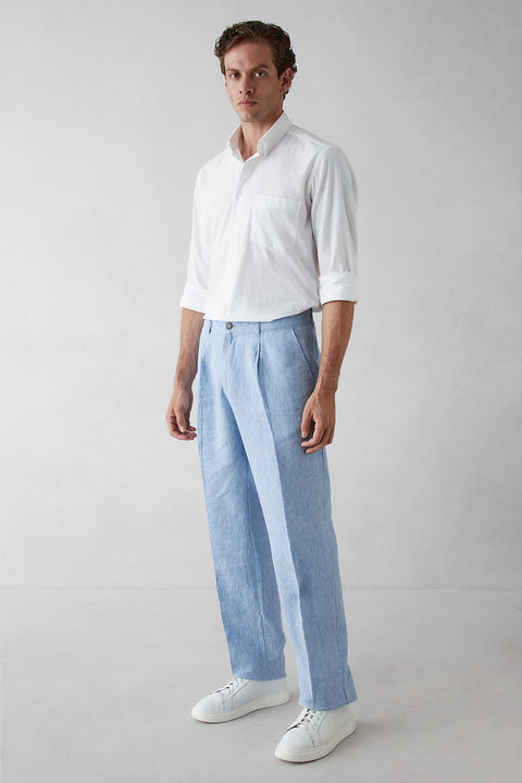 Light Blue Straight Wide Leg Linen Sport Pants