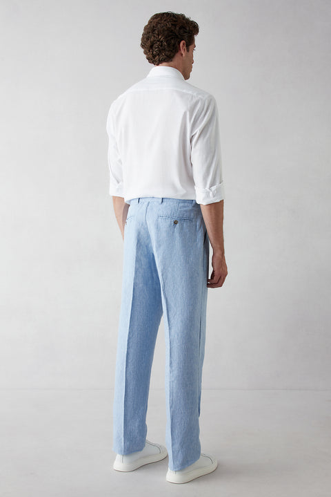 Light Blue Straight Wide Leg Linen Sport Pants