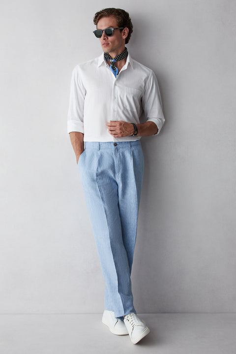 Light Blue Straight Wide Leg Linen Sport Pants