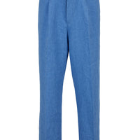 Mavi Straight Wide Leg Pileli Yan Cepli %100 Keten Pantolon
