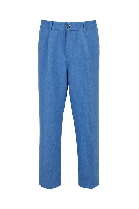 Mavi Straight Wide Leg Pileli Yan Cepli %100 Keten Pantolon