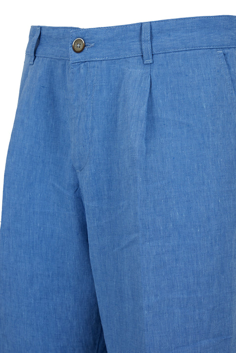 Mavi Straight Wide Leg Pileli Yan Cepli %100 Keten Pantolon