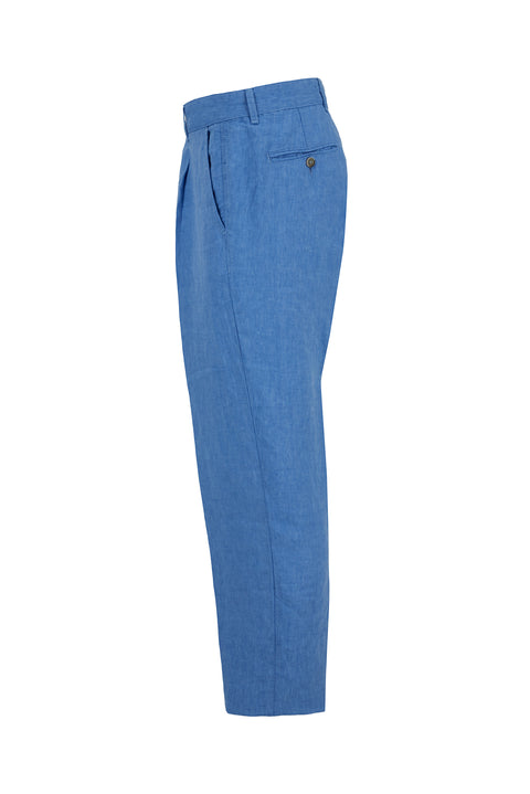 Mavi Straight Wide Leg Pileli Yan Cepli %100 Keten Pantolon