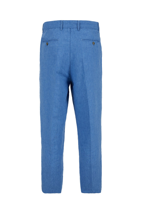 Mavi Straight Wide Leg Pileli Yan Cepli %100 Keten Pantolon