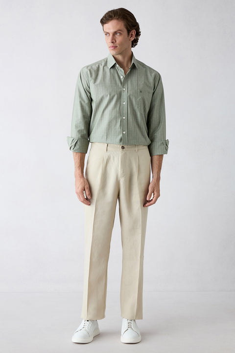Açık Bej Straight Wide Leg Yan Cepli %100 Keten Pantolon