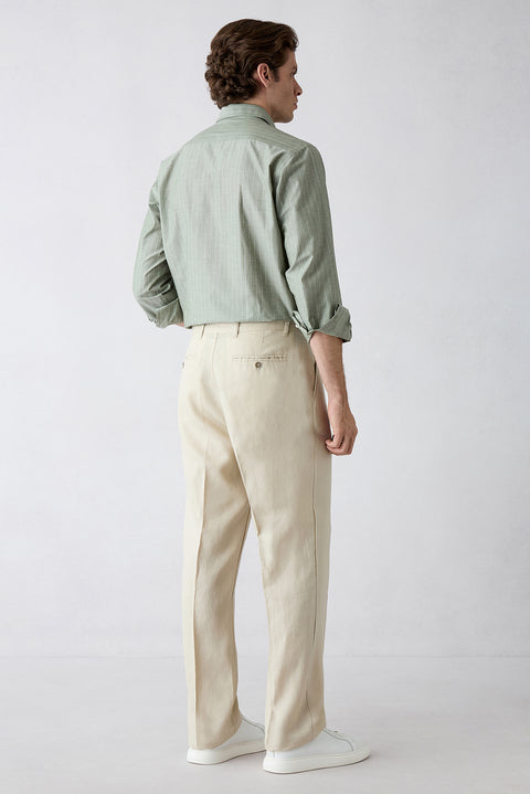 Açık Bej Straight Wide Leg Yan Cepli %100 Keten Pantolon
