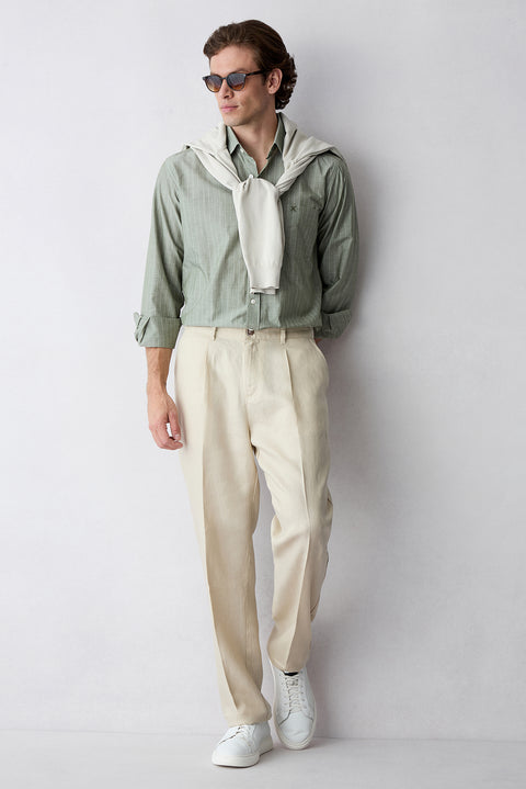 Açık Bej Straight Wide Leg Yan Cepli %100 Keten Pantolon