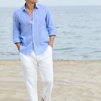 Beyaz Straight Wide Leg Yan Cepli %100 Keten Pantolon