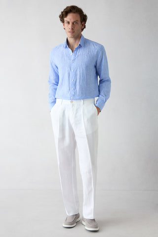  Beyaz Straight Wide Leg Yan Cepli %100 Keten Pantolon