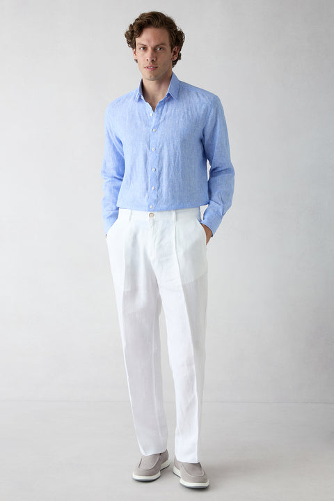 Beyaz Straight Wide Leg Yan Cepli %100 Keten Pantolon