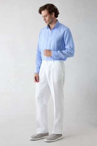  Beyaz Straight Wide Leg Yan Cepli %100 Keten Pantolon