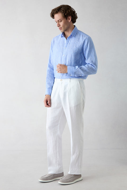Beyaz Straight Wide Leg Yan Cepli %100 Keten Pantolon