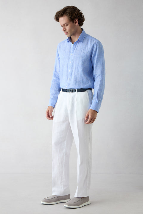 Beyaz Straight Wide Leg Yan Cepli %100 Keten Pantolon