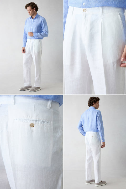 Beyaz Straight Wide Leg Yan Cepli %100 Keten Pantolon