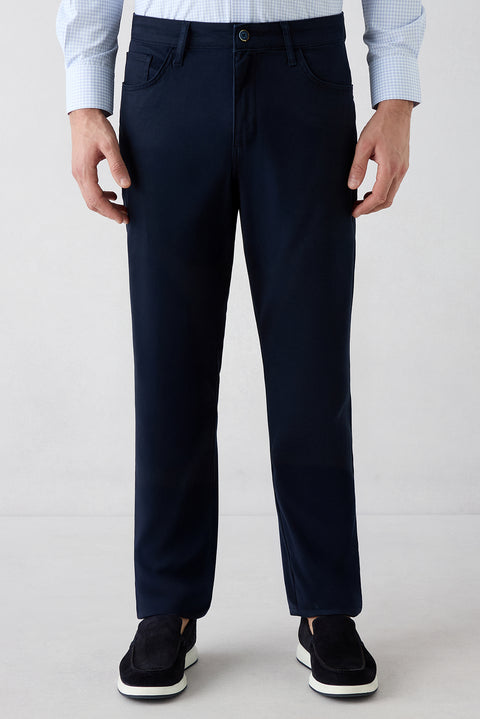Mid Navy Slim Fit Narrow Cut 5 Pocket Cotton Plain Lycra Canvas / Chino Trousers