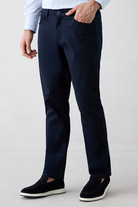 Mid Navy Slim Fit Narrow Cut 5 Pocket Cotton Plain Lycra Canvas / Chino Trousers