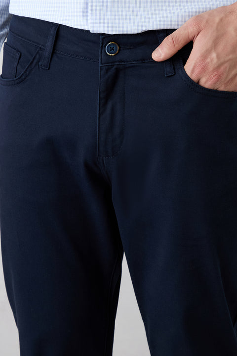 Mid Navy Slim Fit Narrow Cut 5 Pocket Cotton Plain Lycra Canvas / Chino Trousers