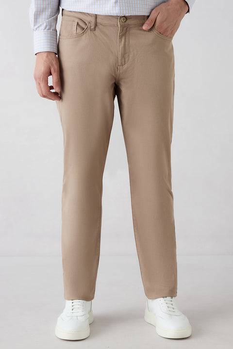 Light Mink Slim Fit Narrow Cut 5-Pocket Cotton Plain Lycra Canvas / Chino Trousers