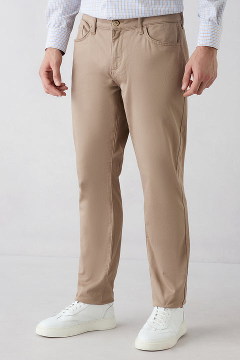 Light Mink Slim Fit Narrow Cut 5-Pocket Cotton Plain Lycra Canvas / Chino Trousers