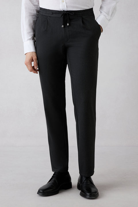 Koyu Antrasit Regular Straight Fit Beli Lastikli İpli Pileli Likralı Jogger Pantolon