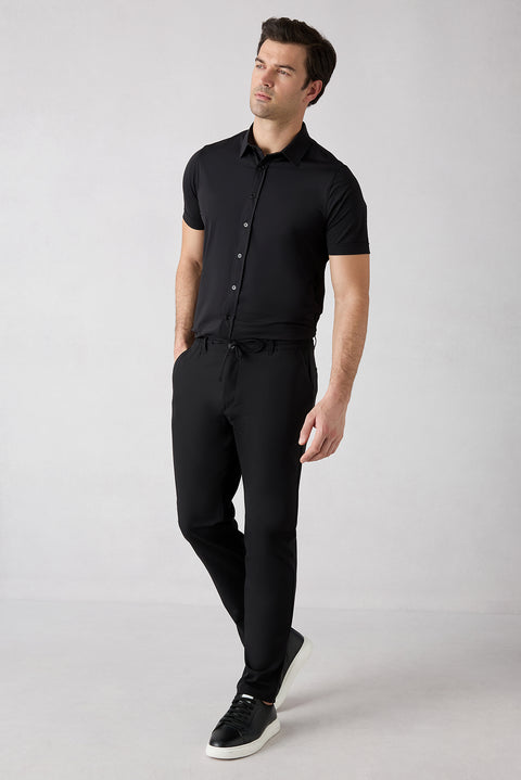 Siyah Techno-Line Regular Fit Standart Kesim Çantalı Likralı Beli İpli Chino / Kanvas Pantolon