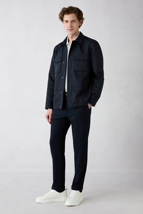 Koyu Lacivert Regular Straight Fit Yan Cepli Likralı Esnek Kanvas / Chino Pantolon
