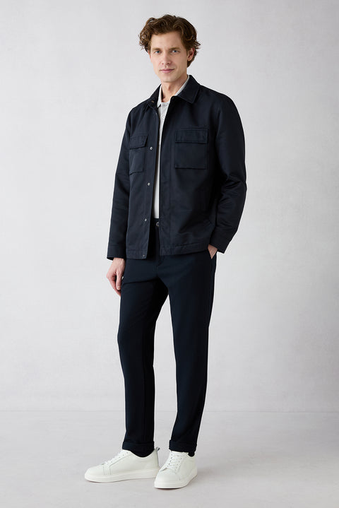 Dark Navy Regular Straight Fit Side Pocketed Lycra Flexible Canvas / Chino Trousers