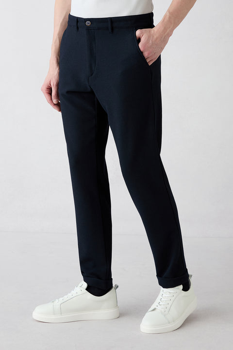 Dark Navy Regular Straight Fit Side Pocketed Lycra Flexible Canvas / Chino Trousers