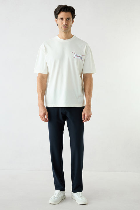 Koyu Lacivert Regular Fit Standart Kesim Beli Lastikli İpli Çizgili Yan Cepli Kanvas / Chino Pantolon