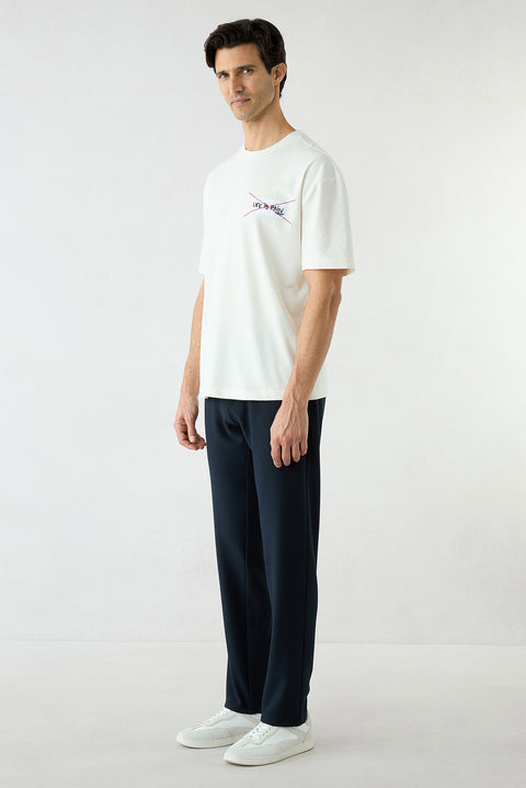 Koyu Lacivert Regular Fit Standart Kesim Beli Lastikli İpli Çizgili Yan Cepli Kanvas / Chino Pantolon