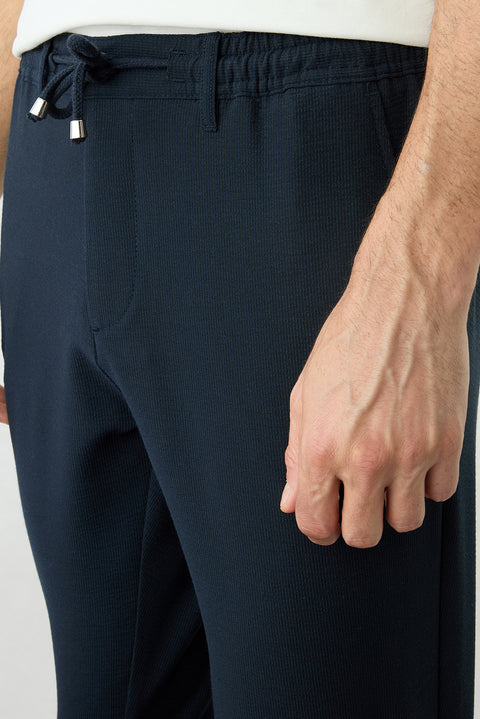 Koyu Lacivert Regular Fit Standart Kesim Beli Lastikli İpli Çizgili Yan Cepli Kanvas / Chino Pantolon