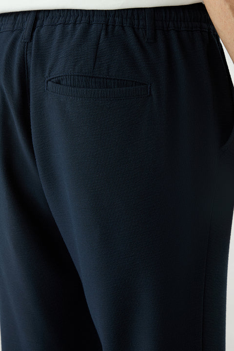 Koyu Lacivert Regular Fit Standart Kesim Beli Lastikli İpli Çizgili Yan Cepli Kanvas / Chino Pantolon