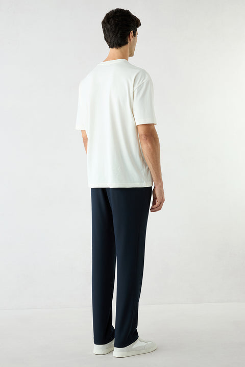 Koyu Lacivert Regular Fit Standart Kesim Beli Lastikli İpli Çizgili Yan Cepli Kanvas / Chino Pantolon