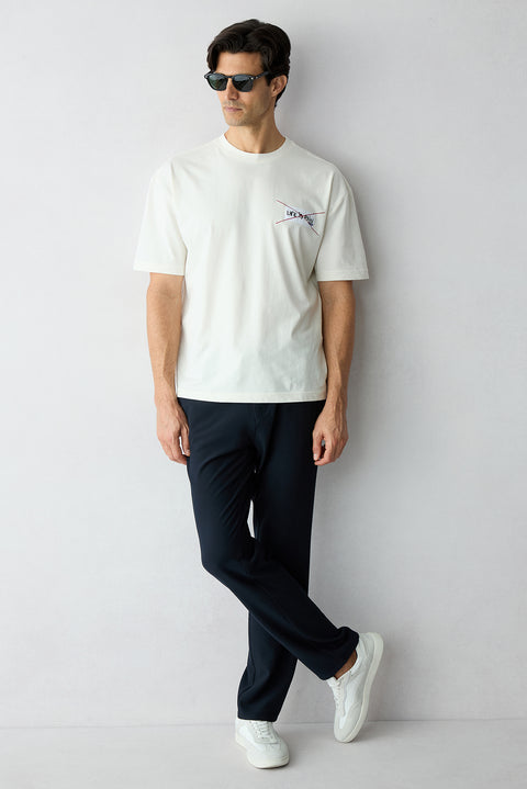 Koyu Lacivert Regular Fit Standart Kesim Beli Lastikli İpli Çizgili Yan Cepli Kanvas / Chino Pantolon
