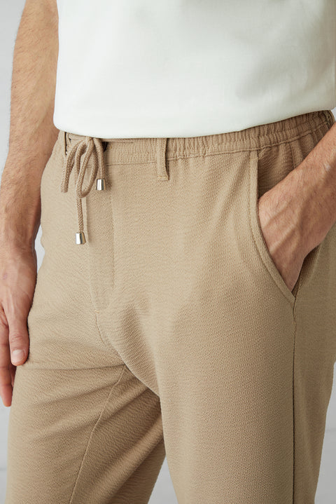 Dark Beige Regular Fit Striped Drawstring Waist Lycra Sport Pants