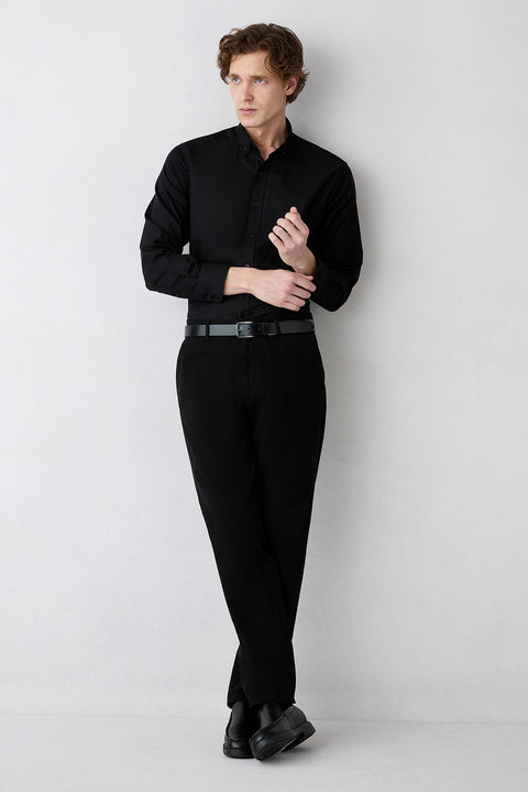 Men's Black Slim Fit Narrow Cut Side Pocketed Lycra Flexible Canvas / Chino Trousers