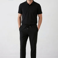 Black Regular Fit Standard Cut Side Pocket Elasticated Drawstring Waist Jogger Pants