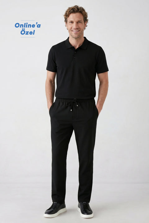 Black Regular Fit Standard Cut Side Pocket Elasticated Drawstring Waist Jogger Pants