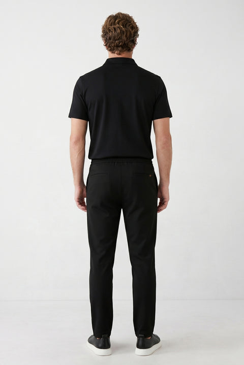 Black Regular Fit Standard Cut Side Pocket Elasticated Drawstring Waist Jogger Pants