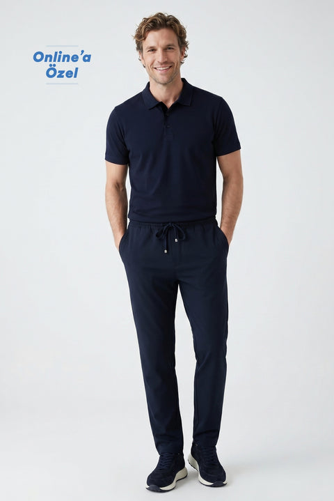 Koyu Lacivert Regular Fit Standart Kesim Yandan Cep Beli Lastikli İpli Jogger Pantolon