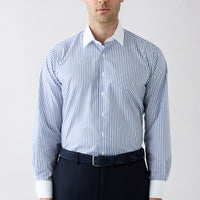 Dark Blue Long Sleeve Regular Fit Half Italian Collar Contrast White Collar Striped Cotton Easy Iron Shirt