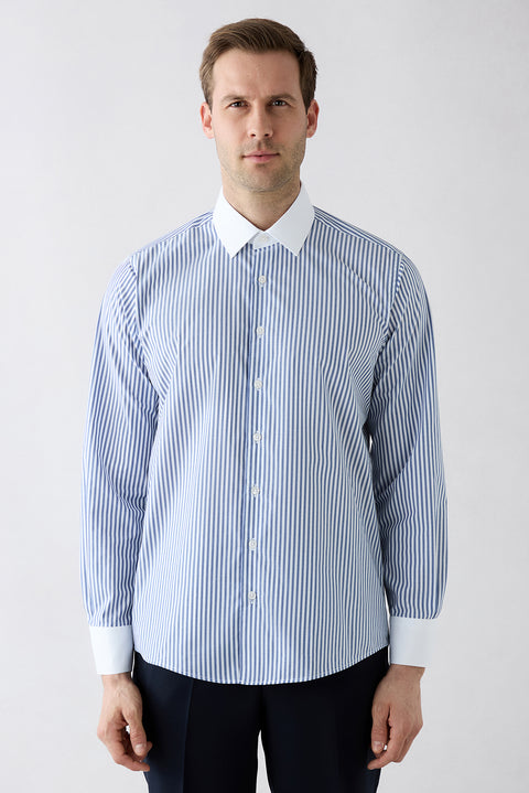 Dark Blue Long Sleeve Regular Fit Half Italian Collar Contrast White Collar Striped Cotton Easy Iron Shirt
